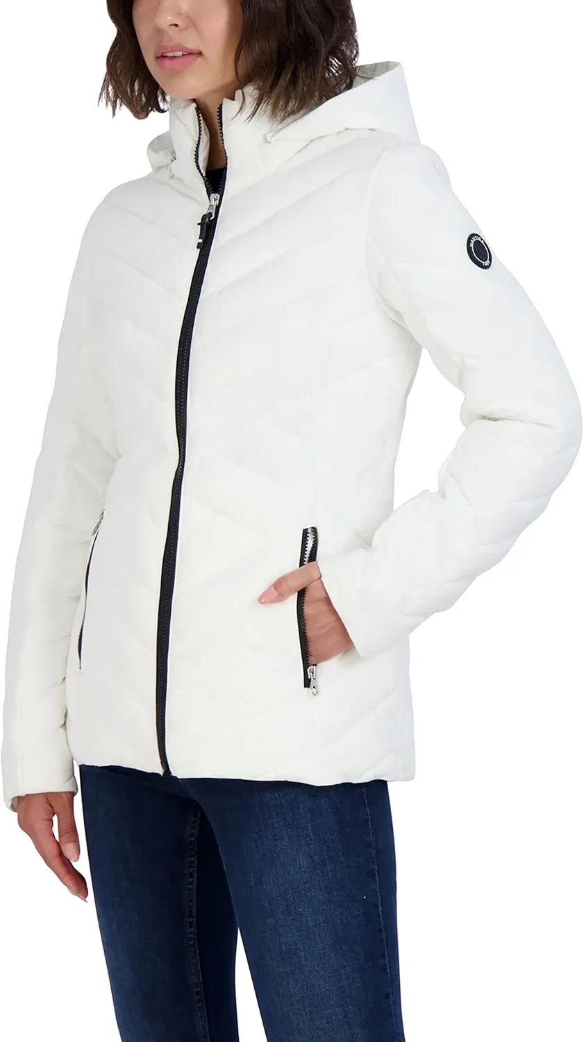 Nautica Women's Short Stretch Lightweight Puffer Jacket with Removeable Hood