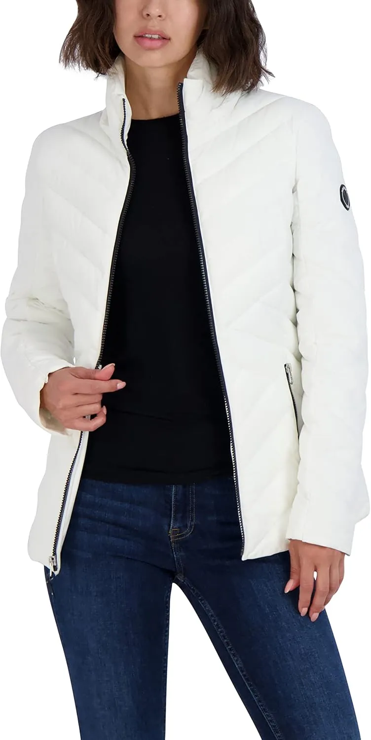 Nautica Women's Short Stretch Lightweight Puffer Jacket with Removeable Hood