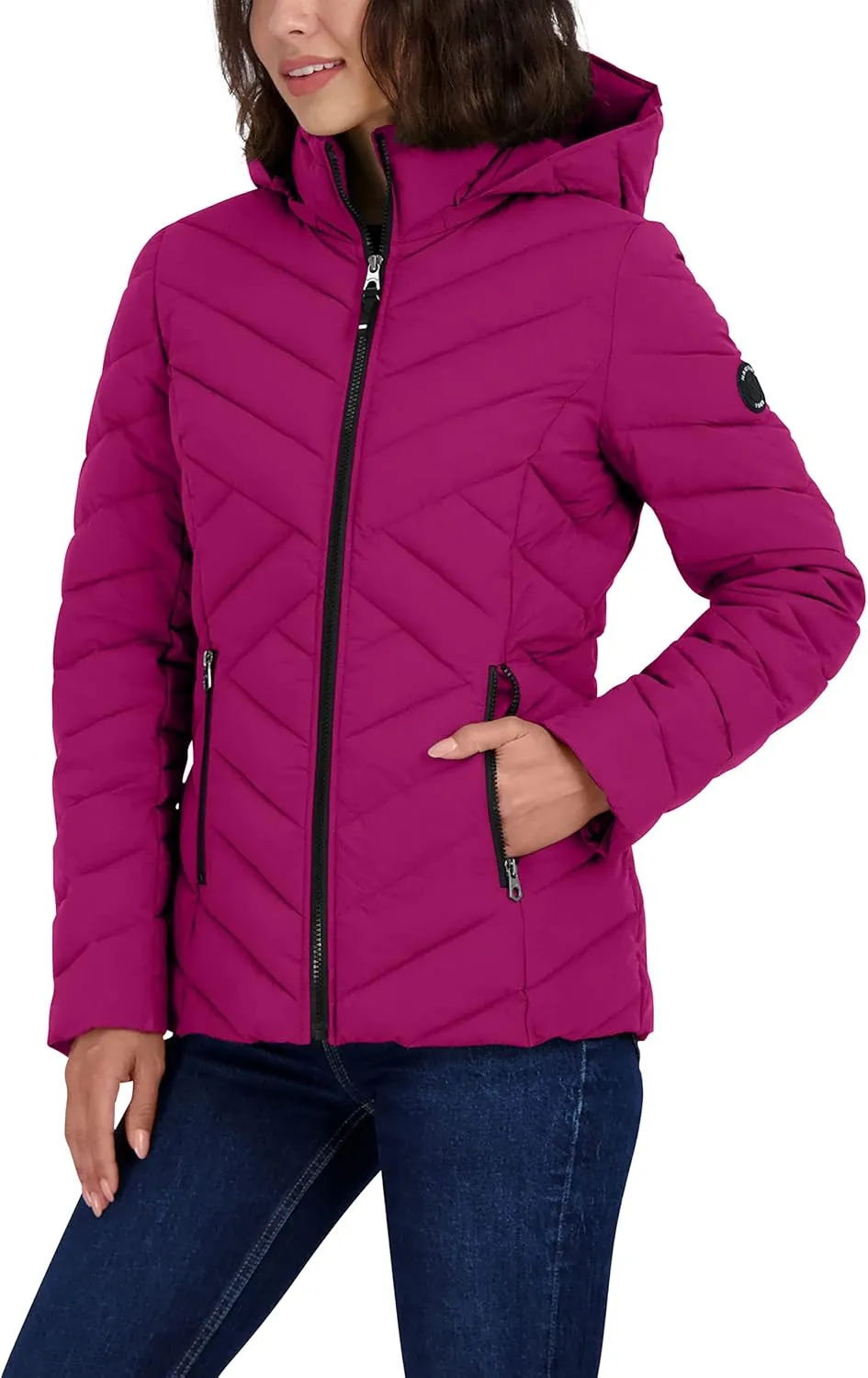 Nautica Women's Short Stretch Lightweight Puffer Jacket with Removeable Hood