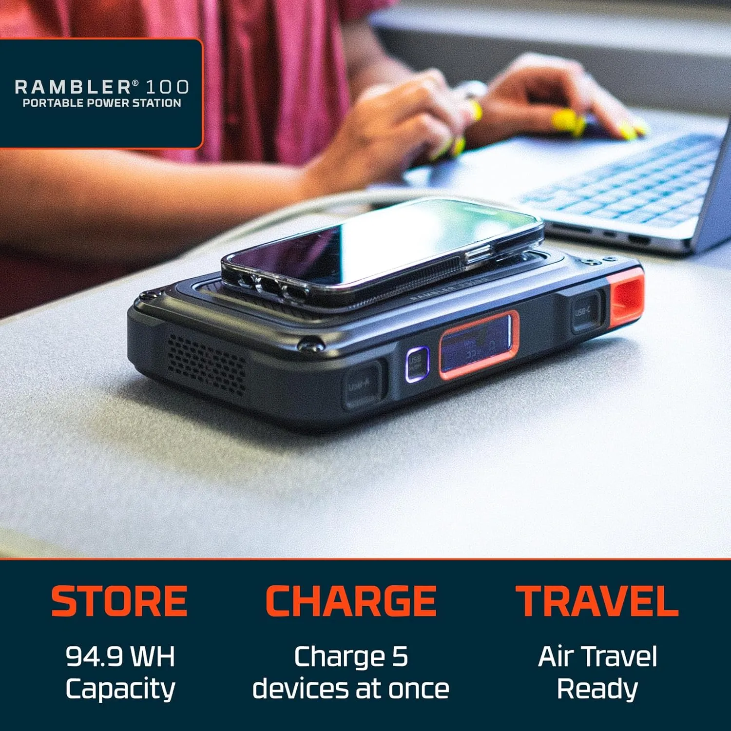NEBO RAMBLER 100 Portable Power Station | 94.4Wh Capacity, 5-Way Output Charging, 100W AC Port Integration includes Power Inverter, Built-In Floodlight, TSA Approved