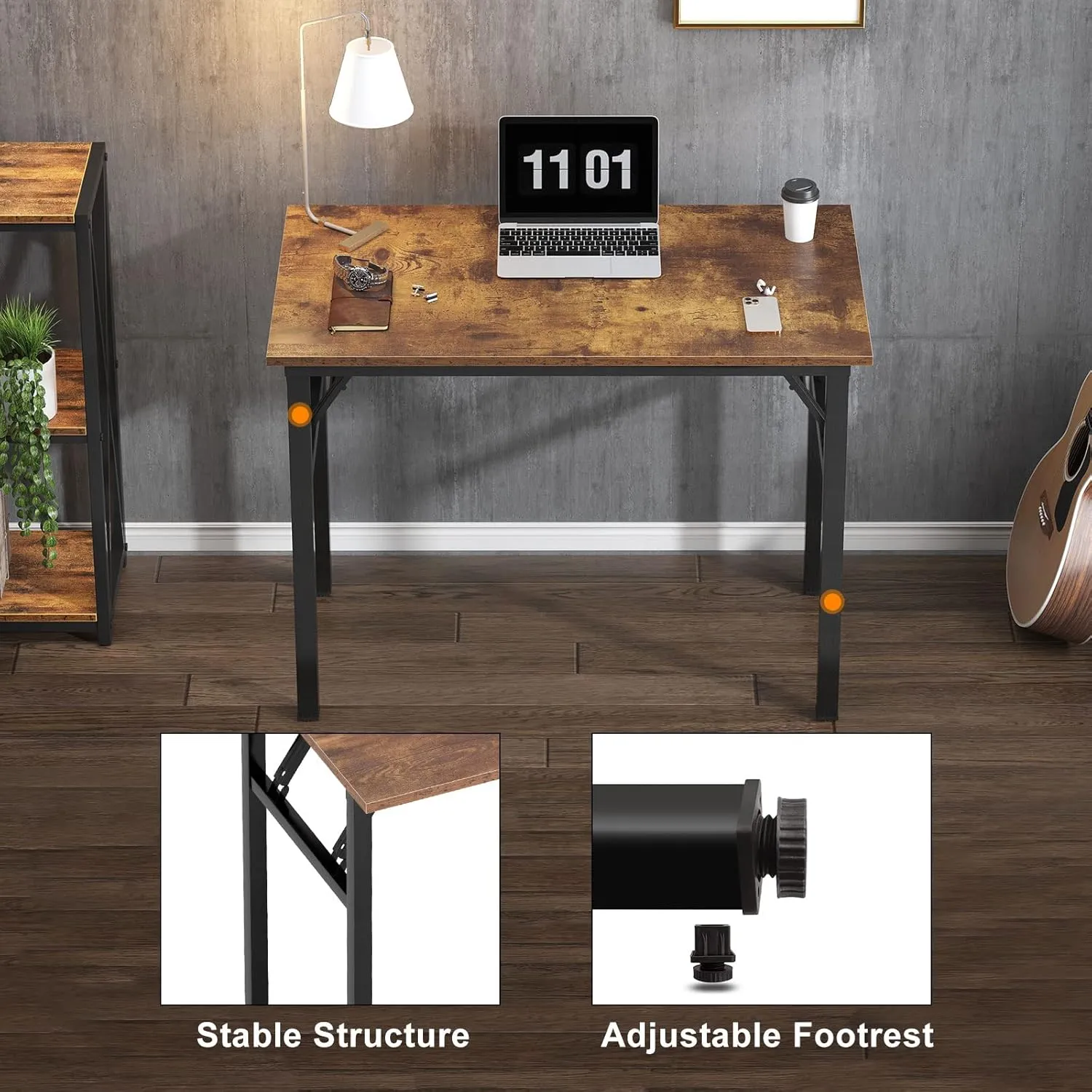 Need Small Computer Desk 31.5 inches Folding Table No Assembly Sturdy Small Writing Desk Folding Desk for Small Spaces, Rustic Brown AC5-8040-FB