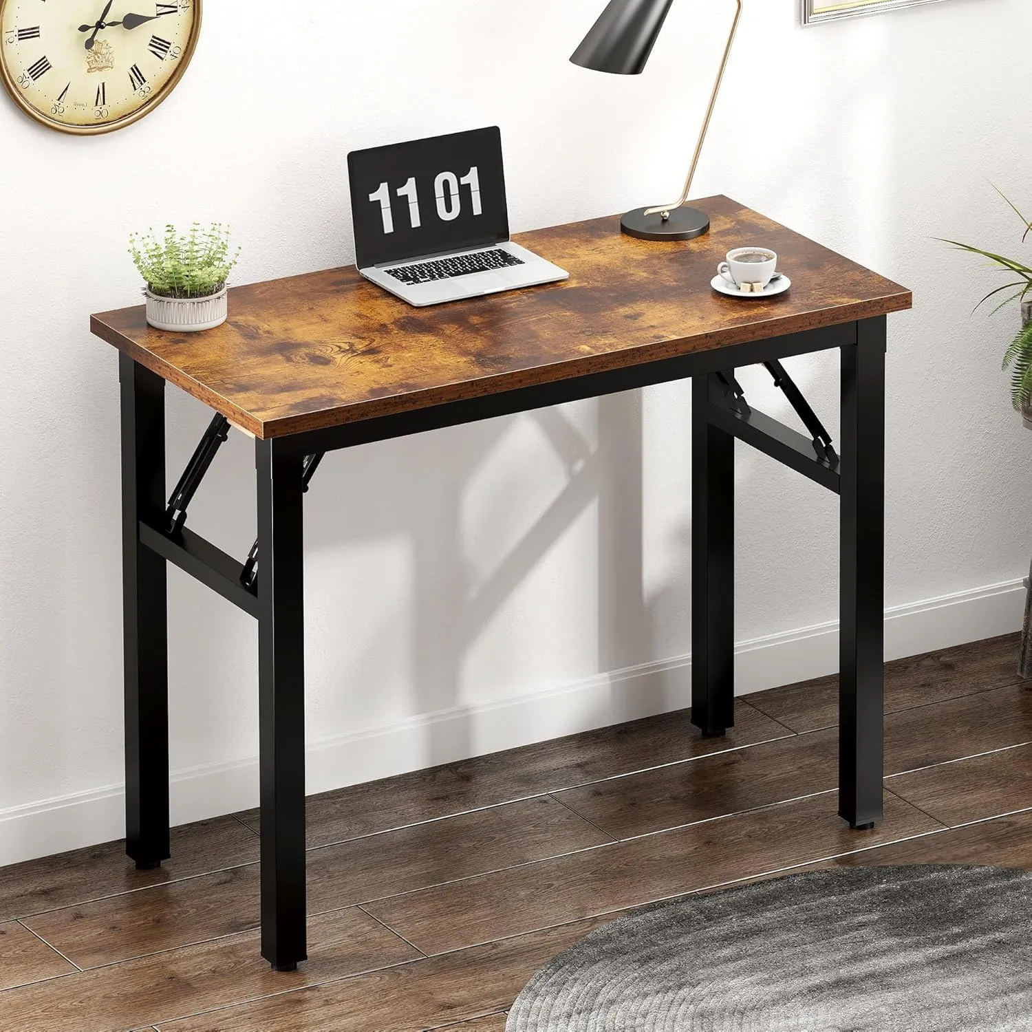 Need Small Computer Desk 31.5 inches Folding Table No Assembly Sturdy Small Writing Desk Folding Desk for Small Spaces, Rustic Brown AC5-8040-FB