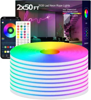 Neon Rope Lights, 2x50FT RGB LED Strip Lights, App Control, IR Remote, Outdoor IP67 Waterproof, Music Syncing, Flexible DIY Design for Bedroom, Gaming, Party, Christmas Decor
