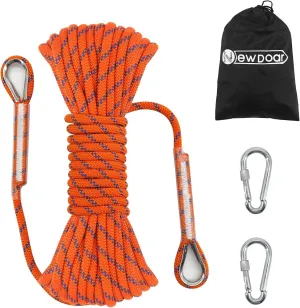 NewDoar 14KN Static Climbing Rope 8mm(5/16in) Accessory Cord Equipment 33FT(10M) 66FT(20M) 98FT(30M) 165FT(50M) Escape Rope with 2 Carabiners for Ice Climbing Equipment Fire Rescue Rope-Orange/30M