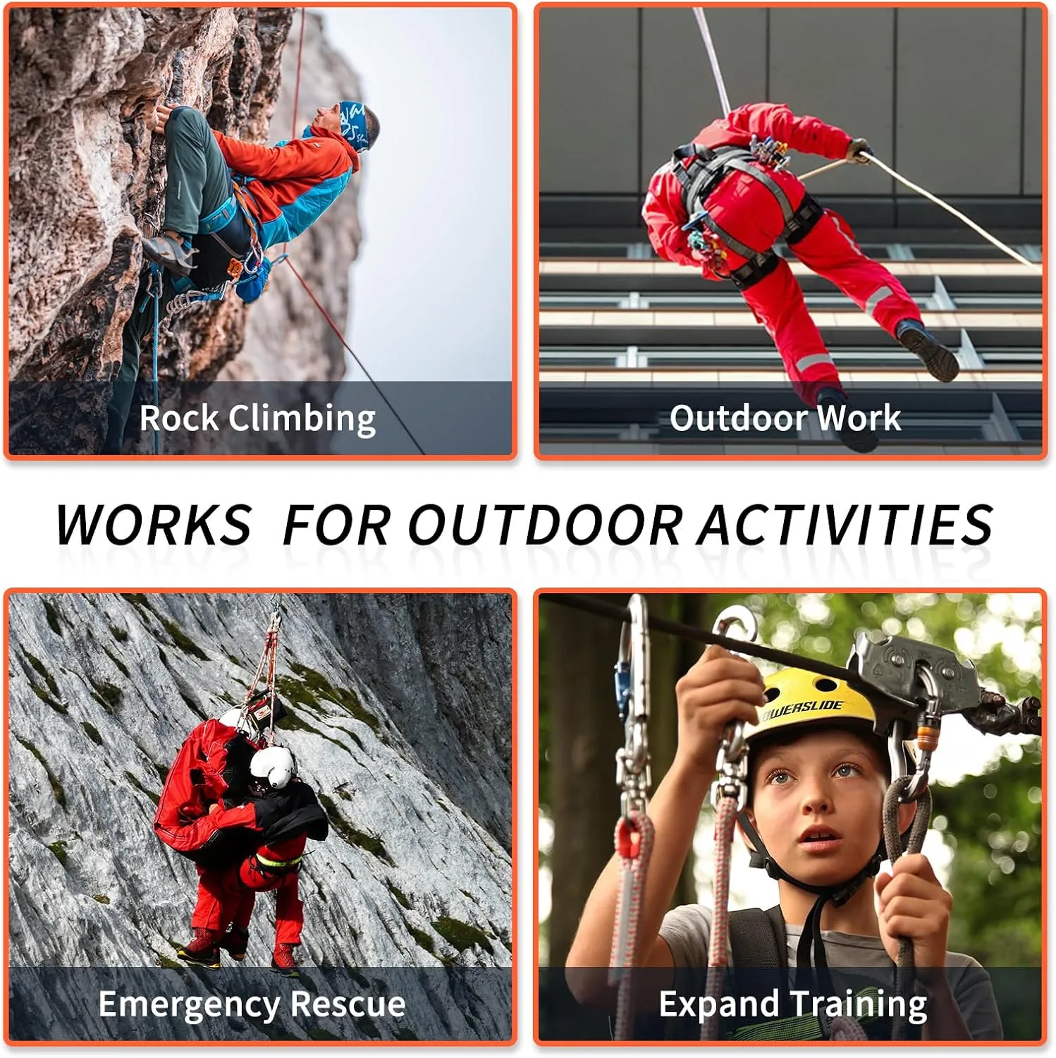 NewDoar 14KN Static Climbing Rope 8mm(5/16in) Accessory Cord Equipment 33FT(10M) 66FT(20M) 98FT(30M) 165FT(50M) Escape Rope with 2 Carabiners for Ice Climbing Equipment Fire Rescue Rope-Orange/30M