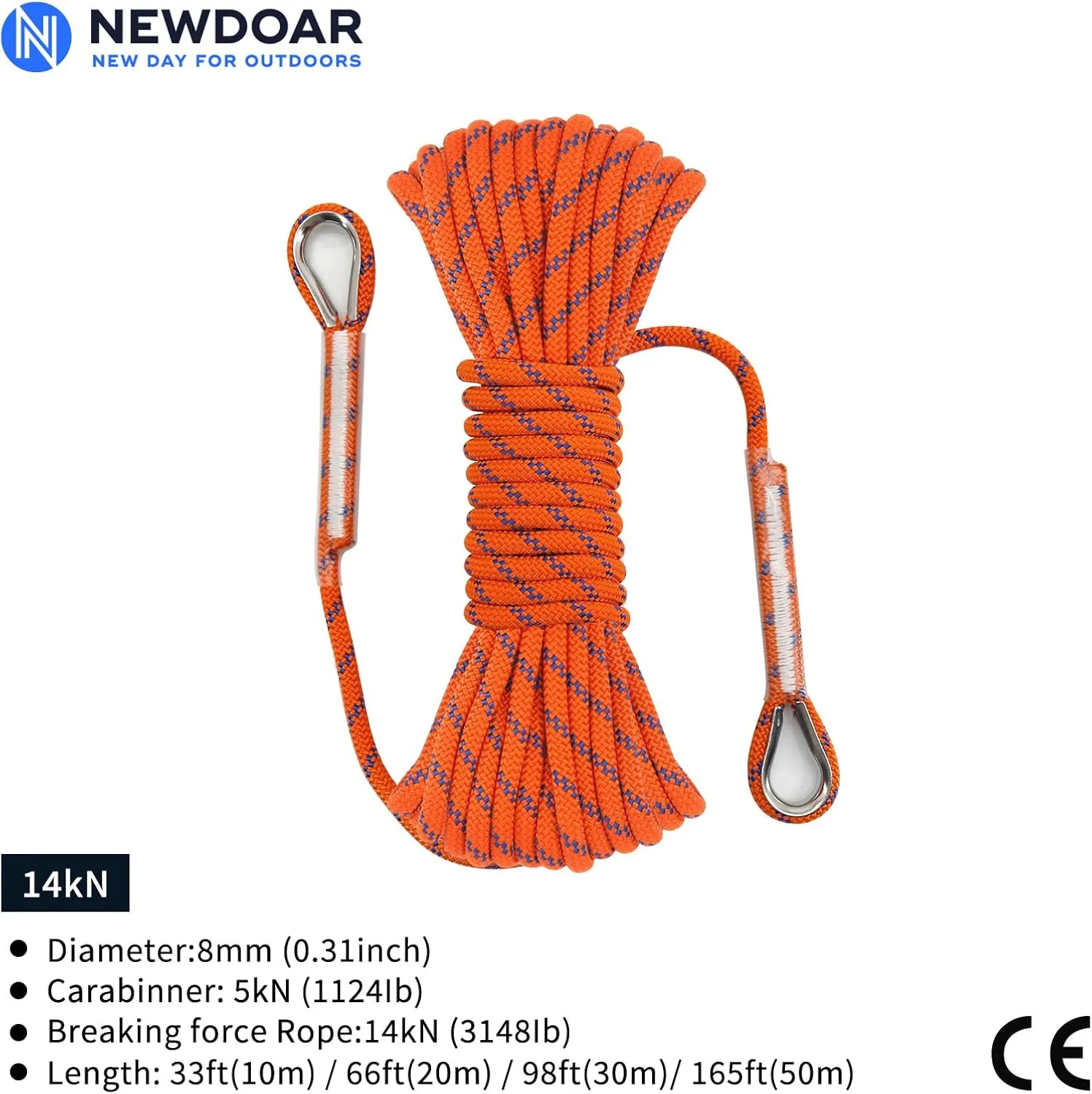 NewDoar 14KN Static Climbing Rope 8mm(5/16in) Accessory Cord Equipment 33FT(10M) 66FT(20M) 98FT(30M) 165FT(50M) Escape Rope with 2 Carabiners for Ice Climbing Equipment Fire Rescue Rope-Orange/30M