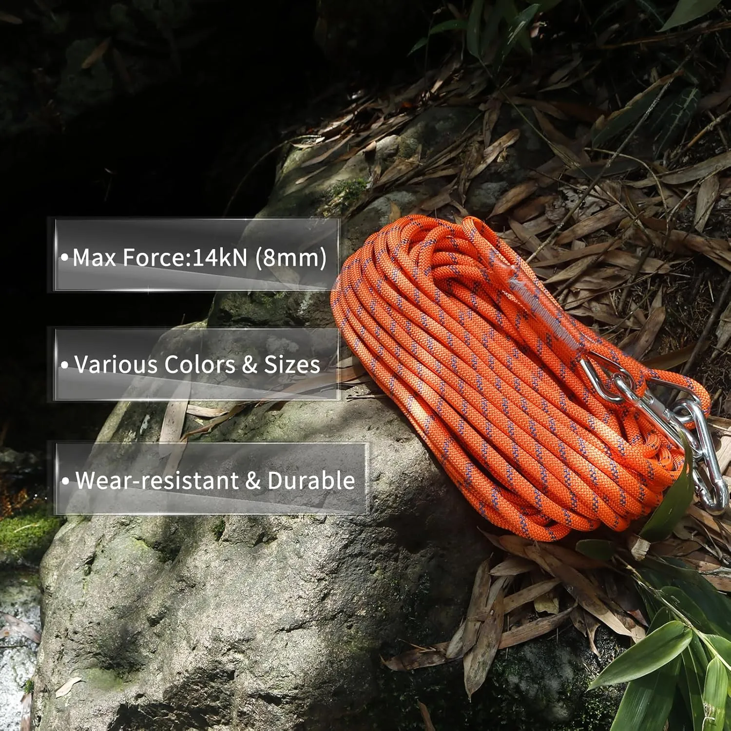 NewDoar 14KN Static Climbing Rope 8mm(5/16in) Accessory Cord Equipment 33FT(10M) 66FT(20M) 98FT(30M) 165FT(50M) Escape Rope with 2 Carabiners for Ice Climbing Equipment Fire Rescue Rope-Orange/30M