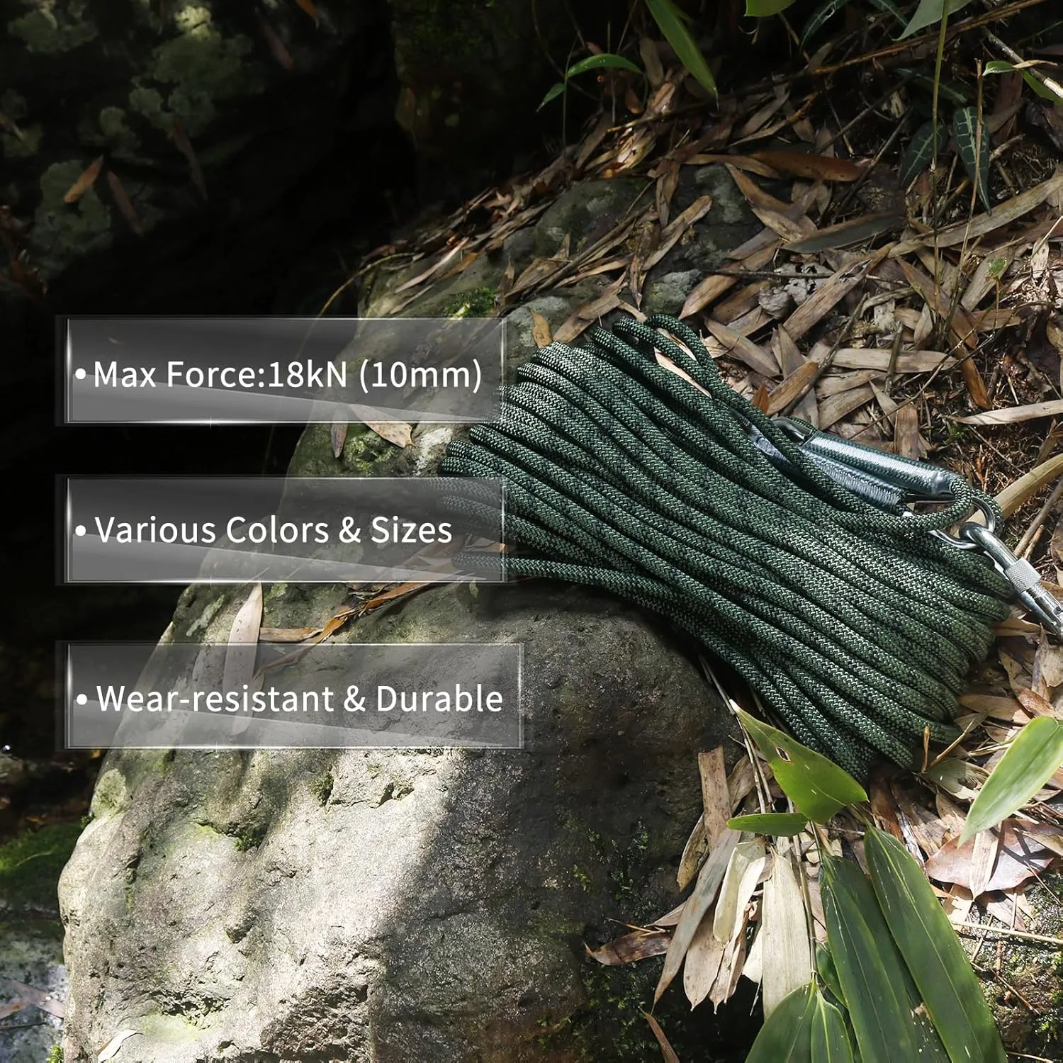 NewDoar Climbing Rope 8(5/16in),10mm (3/8in), High Strength Accessory Cord Rope with 2 Steel Hooks, for Outdoor Rescue Rappelling Rope Down Cliffs ledges Safety Escape Tow Strap Equipment(ArmyGreen)