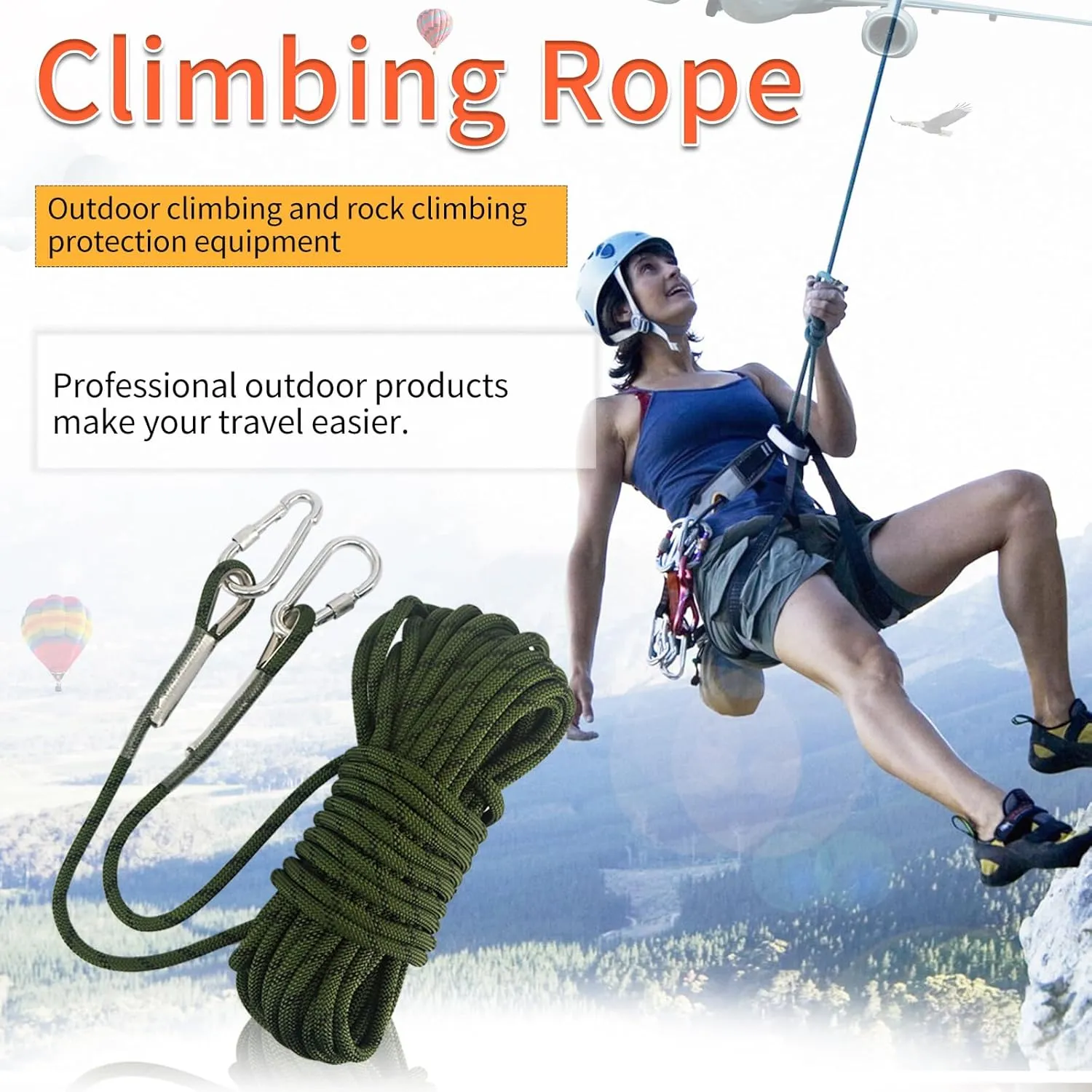 NewDoar Climbing Rope 8(5/16in),10mm (3/8in), High Strength Accessory Cord Rope with 2 Steel Hooks, for Outdoor Rescue Rappelling Rope Down Cliffs ledges Safety Escape Tow Strap Equipment(ArmyGreen)