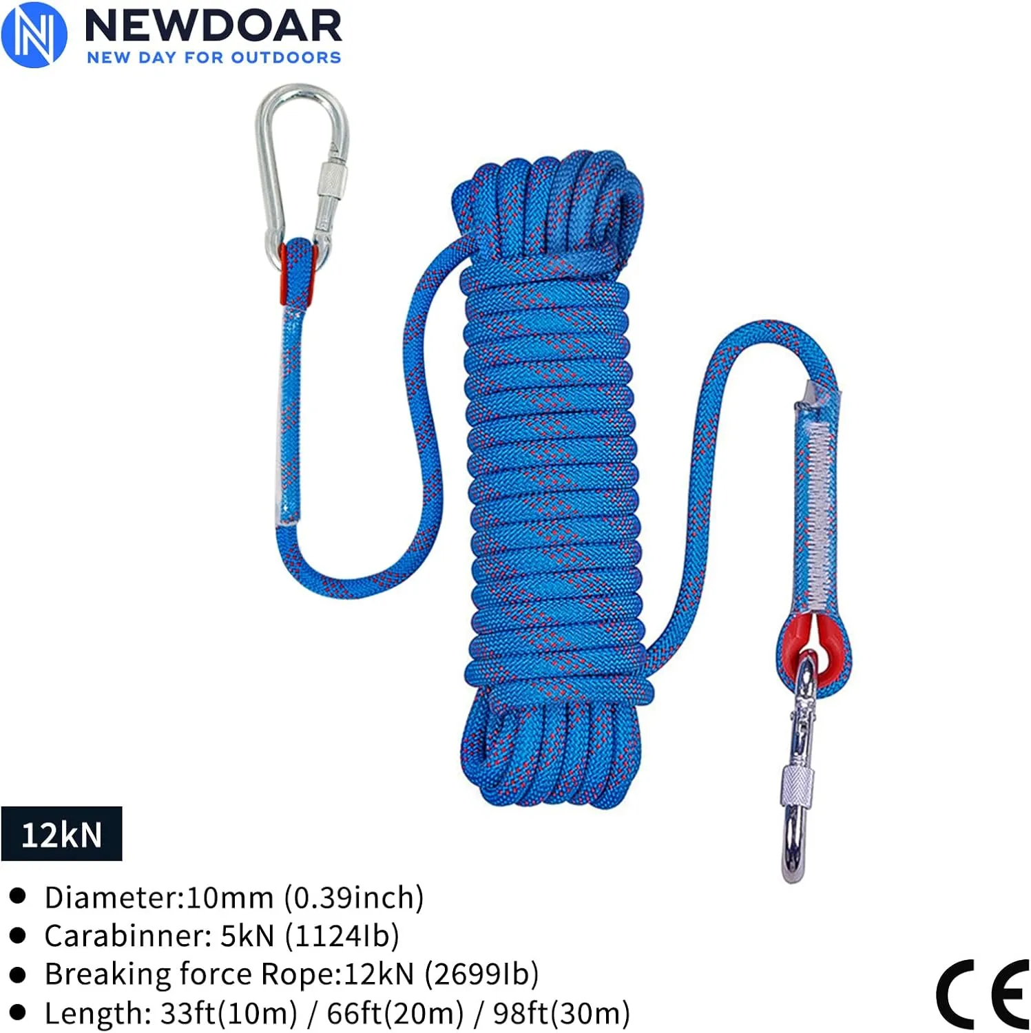 NewDoar Climbing Rope 8(5/16in),10mm (3/8in), High Strength Accessory Cord Rope with 2 Steel Hooks, for Outdoor Rescue Rappelling Rope Down Cliffs ledges Safety Escape Tow Strap Equipment(Blue)