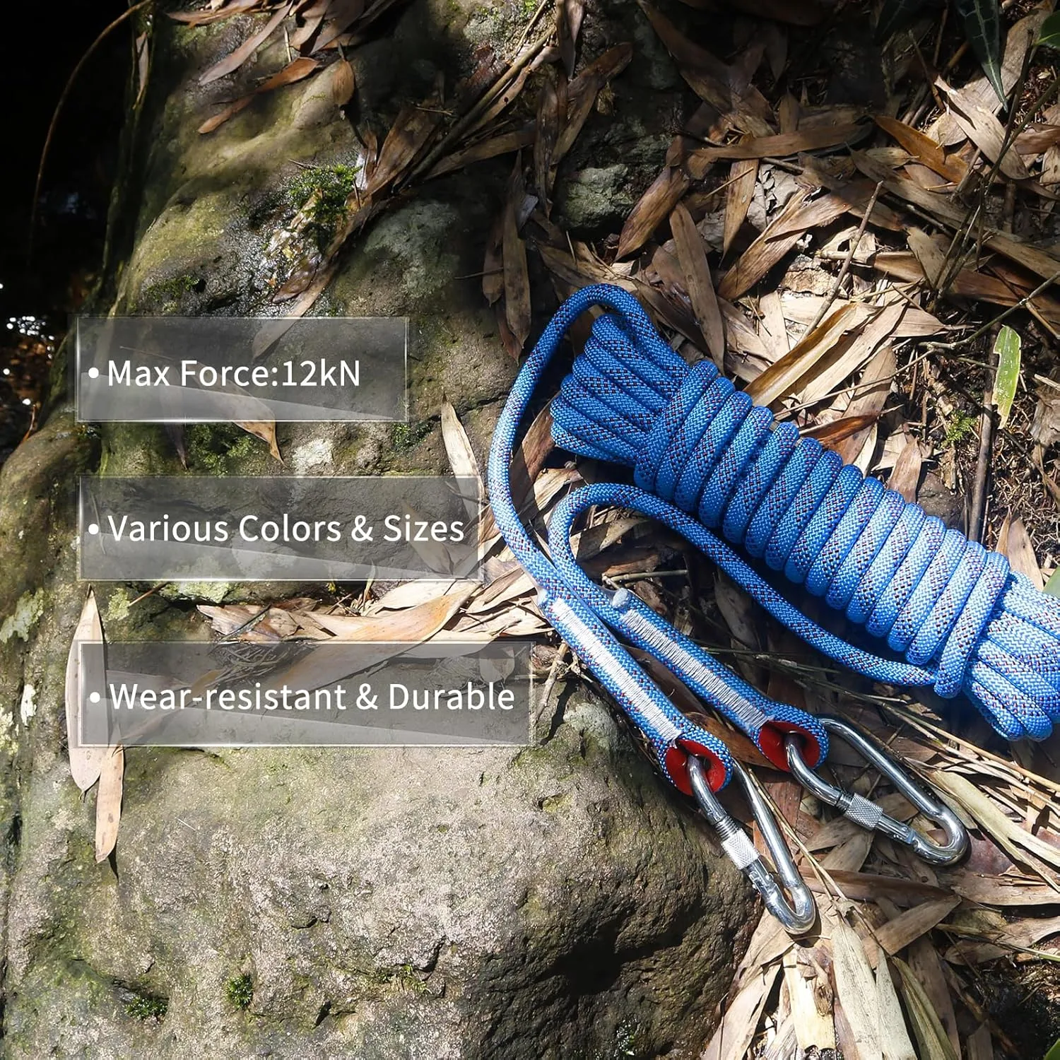 NewDoar Climbing Rope 8(5/16in),10mm (3/8in), High Strength Accessory Cord Rope with 2 Steel Hooks, for Outdoor Rescue Rappelling Rope Down Cliffs ledges Safety Escape Tow Strap Equipment(Blue)
