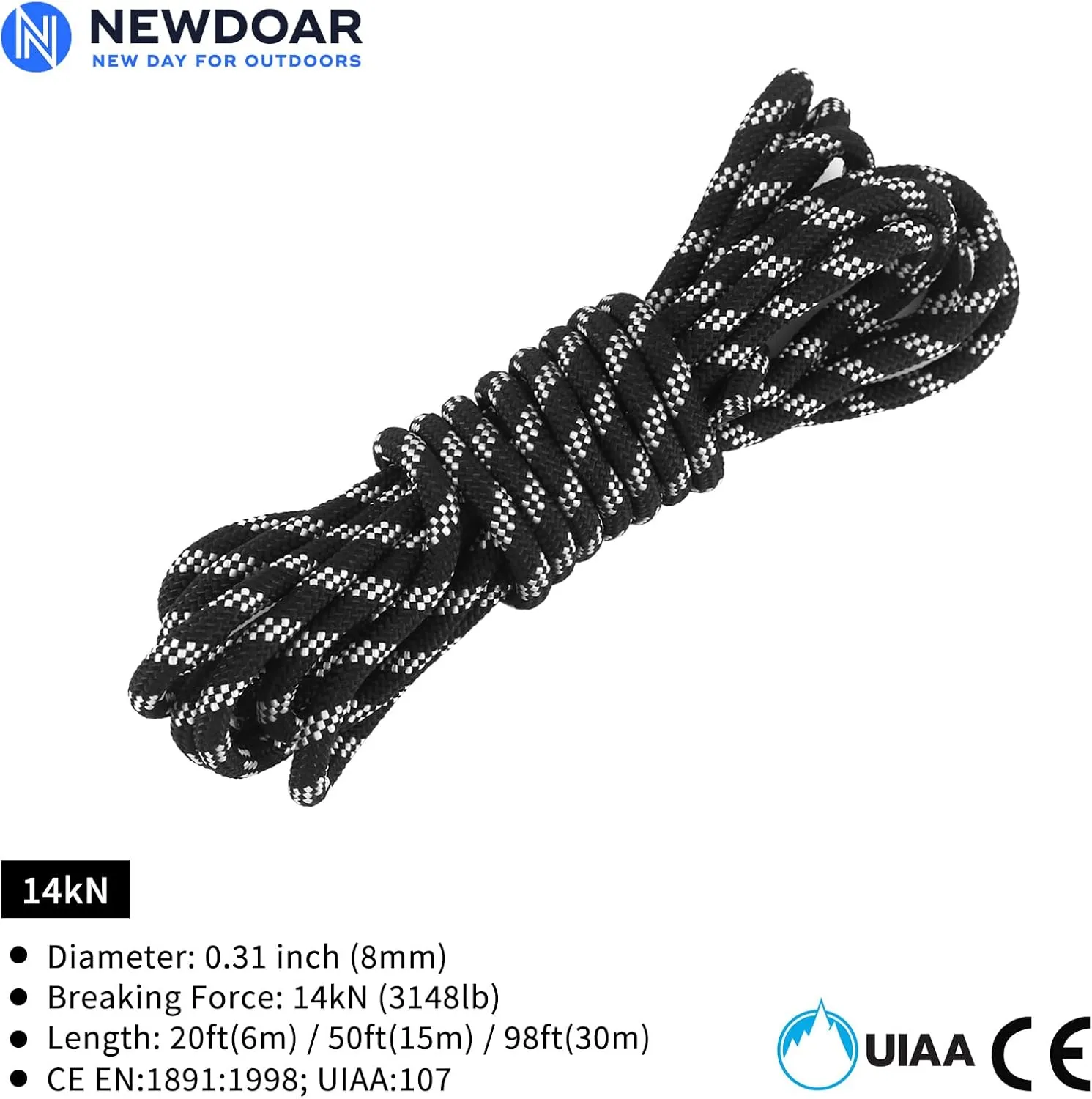 NewDoar Static Climbing Rope 8mm Accessory Cord Rope,for Arborist Tree, Mountaineering, Sailboat Rope,Dock Lines,Hauling Dragginge(Black 8mm,50FT)