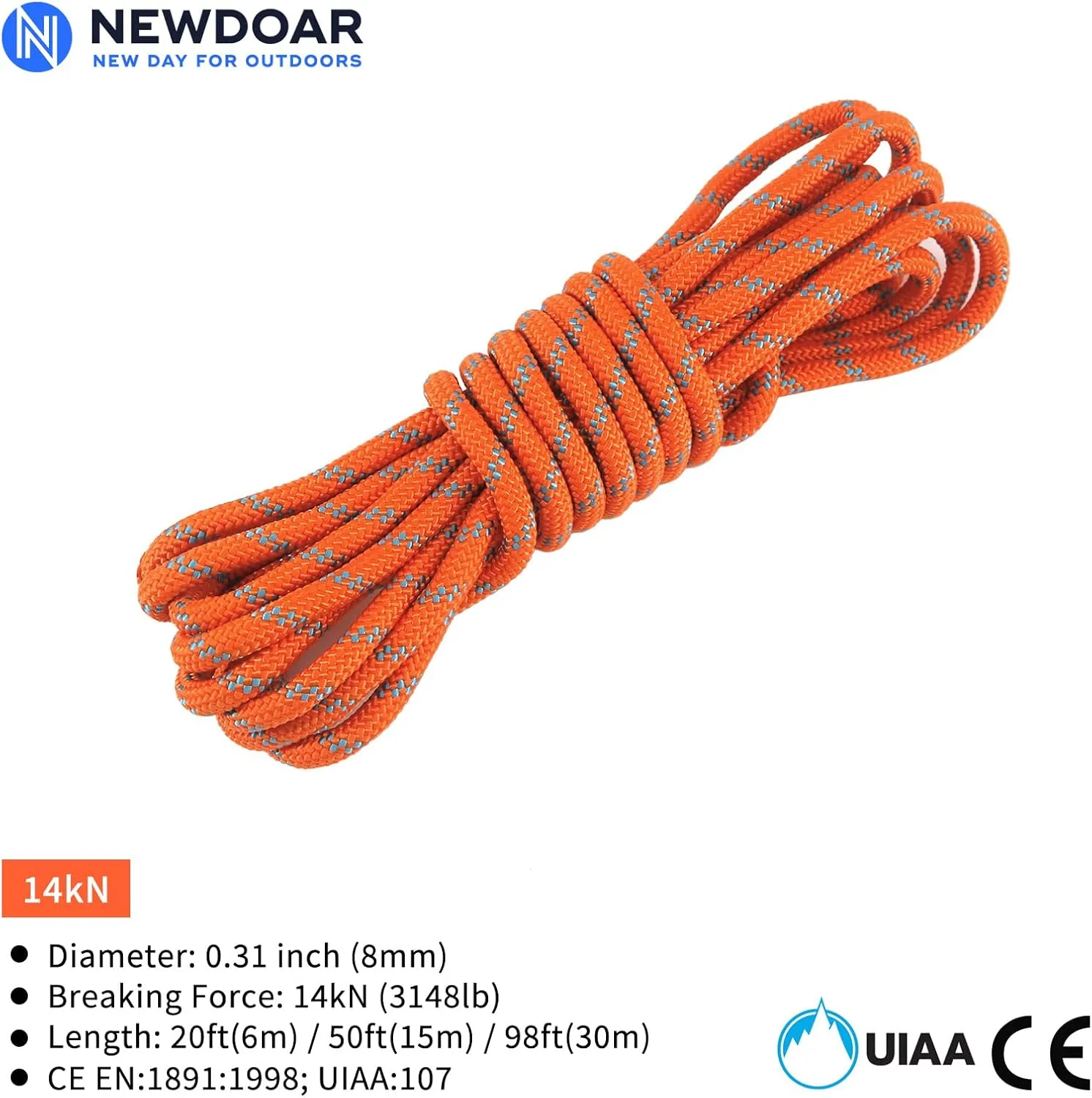 NewDoar Static Climbing Rope 8mm Accessory Cord Rope,for Arborist Tree, Mountaineering, Sailboat Rope,Dock Lines,Hauling Dragginge(Orange 8mm,98FT)