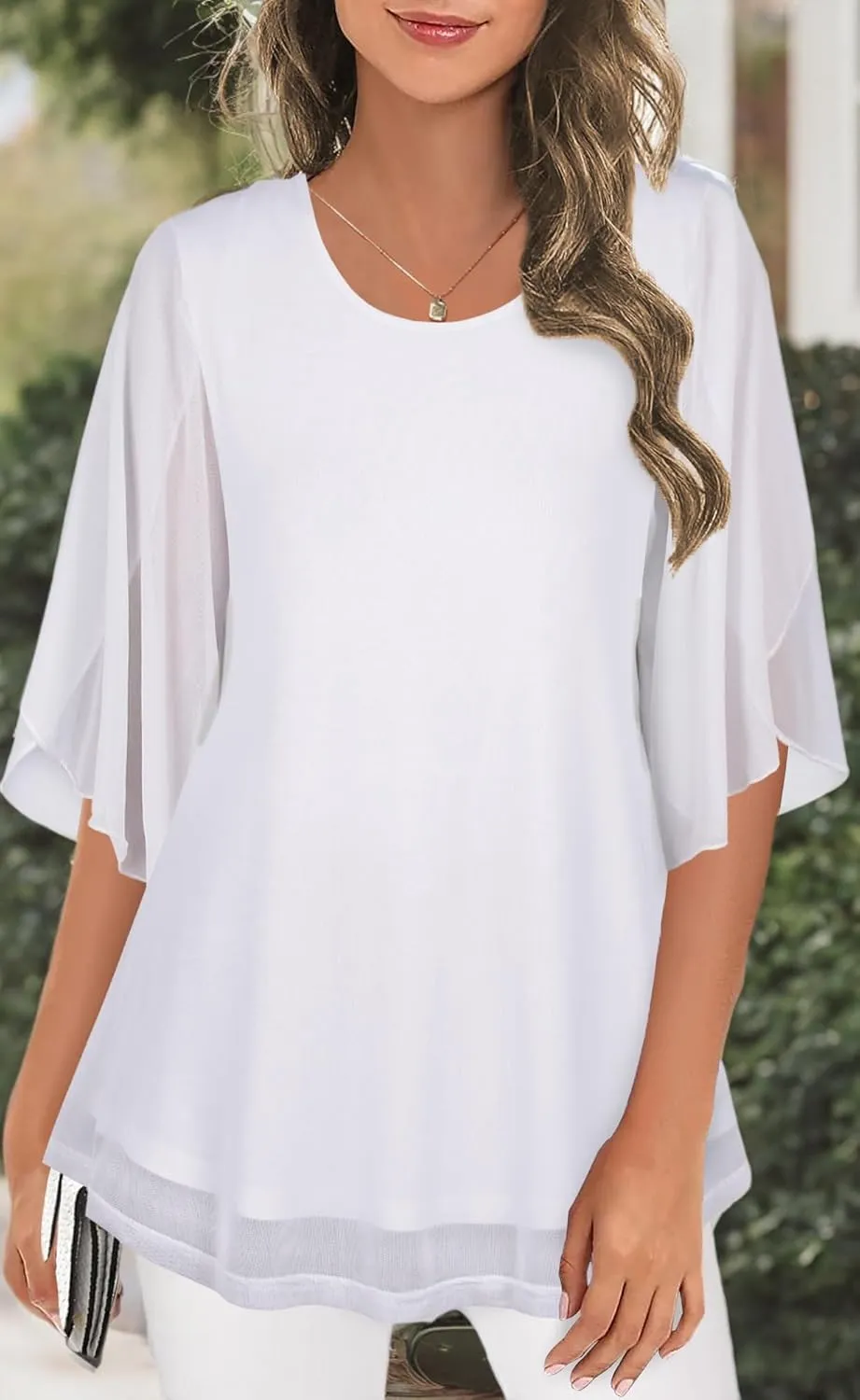 Ninedaily Women's Tops 3/4 Sleeve Blouses Dressy Casual Double Layers Mesh Tunic Shirts