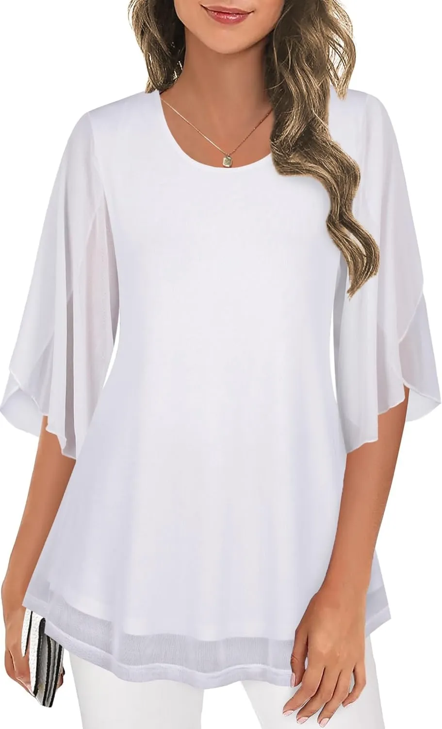 Ninedaily Women's Tops 3/4 Sleeve Blouses Dressy Casual Double Layers Mesh Tunic Shirts