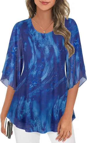 Ninedaily Women's Tops 3/4 Sleeve Blouses Dressy Casual Double Layers Mesh Tunic Shirts