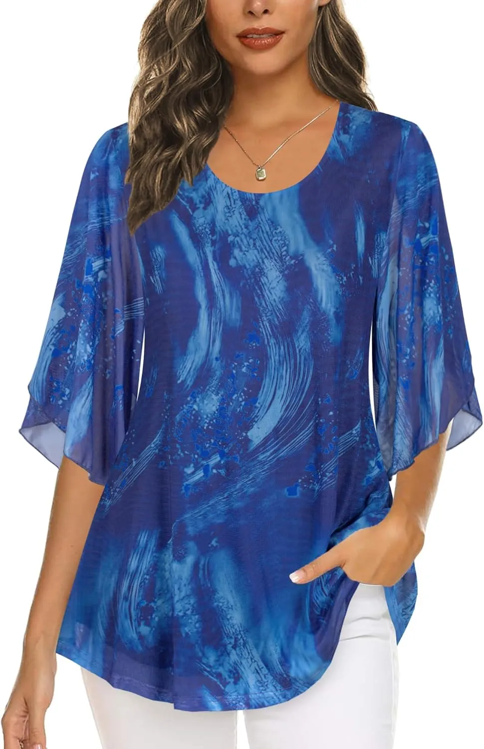 Ninedaily Women's Tops 3/4 Sleeve Blouses Dressy Casual Double Layers Mesh Tunic Shirts