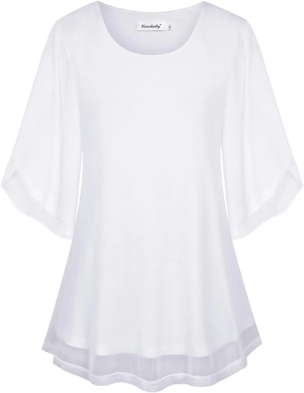 Ninedaily Women's Tops 3/4 Sleeve Blouses Dressy Casual Double Layers Mesh Tunic Shirts