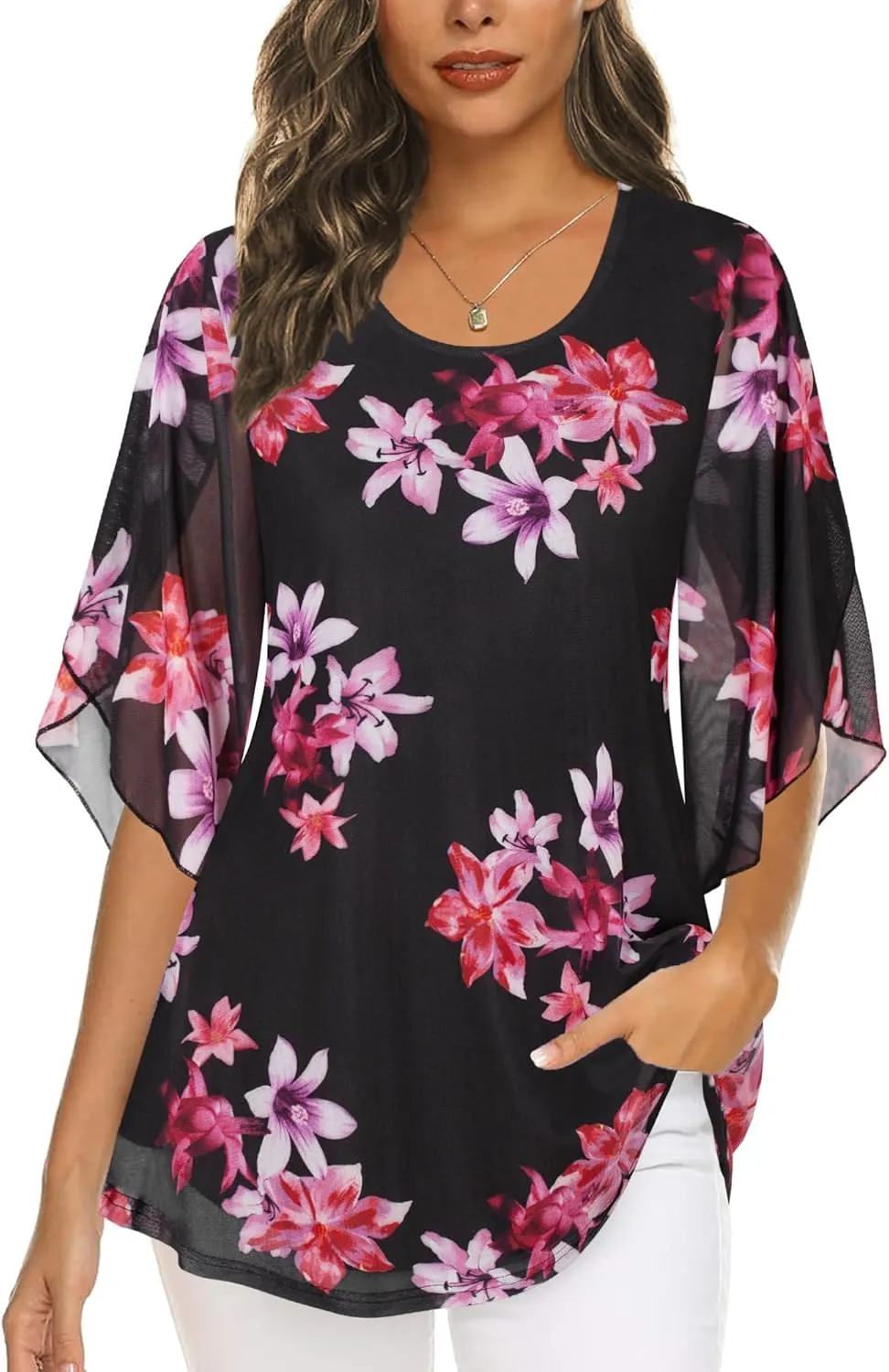 Ninedaily Women's Tops 3/4 Sleeve Blouses Dressy Casual Double Layers Mesh Tunic Shirts