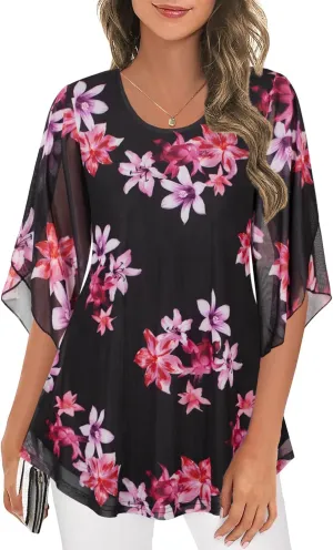 Ninedaily Women's Tops 3/4 Sleeve Blouses Dressy Casual Double Layers Mesh Tunic Shirts