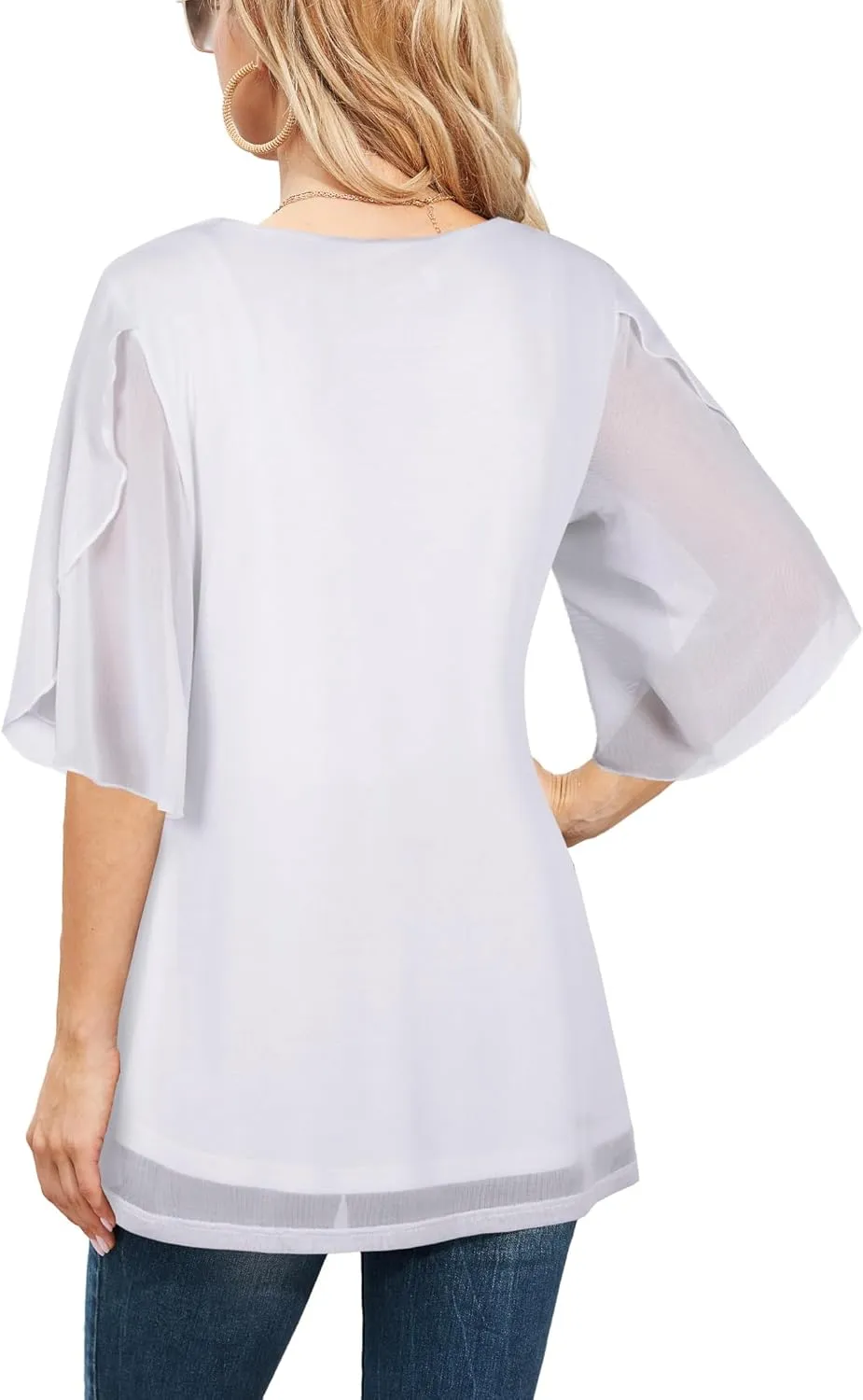 Ninedaily Women's Tops 3/4 Sleeve Blouses Dressy Casual Double Layers Mesh Tunic Shirts