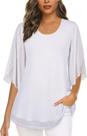 Ninedaily Women's Tops 3/4 Sleeve Blouses Dressy Casual Double Layers Mesh Tunic Shirts