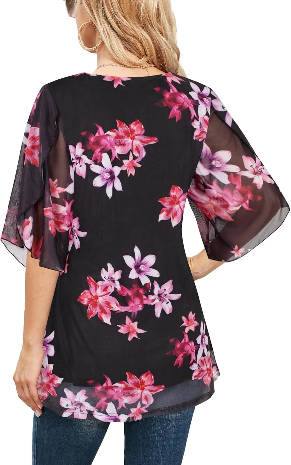 Ninedaily Women's Tops 3/4 Sleeve Blouses Dressy Casual Double Layers Mesh Tunic Shirts