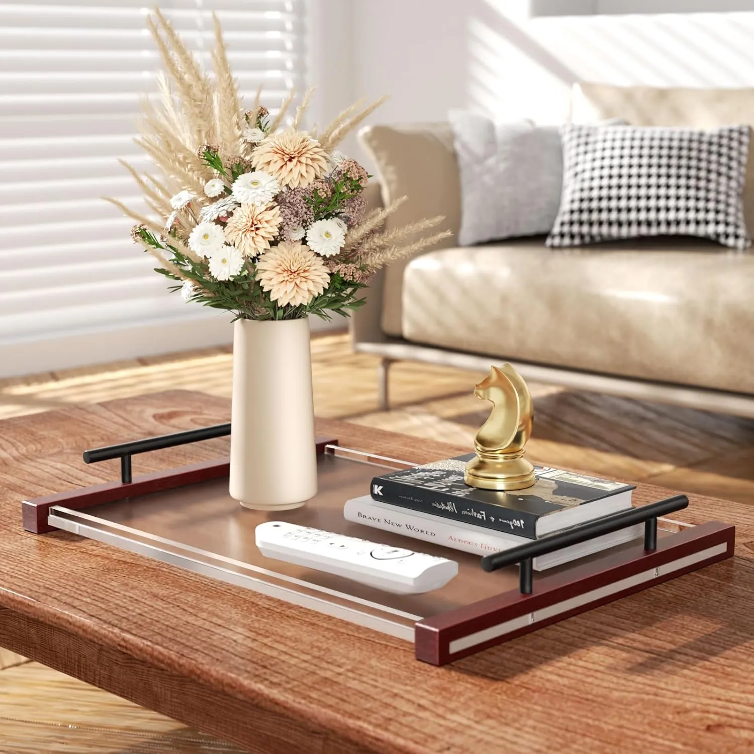 NIUBEE Acrylic Serving Tray 12x16 Inches: Clear Lucite Tray with Bamboo Design - Decorative Trays for Food Coffee Table Display Organizing