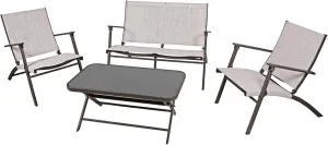 Novara 4 Piece Steel Folding Outdoor Patio Furniture Conversation Set with 2 Patio Chairs, 1 Loveseat, and Table, Tan/Espresso