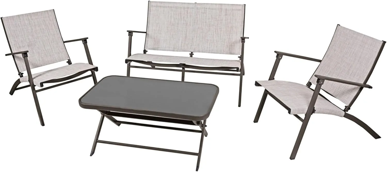 Novara 4 Piece Steel Folding Outdoor Patio Furniture Conversation Set with 2 Patio Chairs, 1 Loveseat, and Table, Tan/Espresso