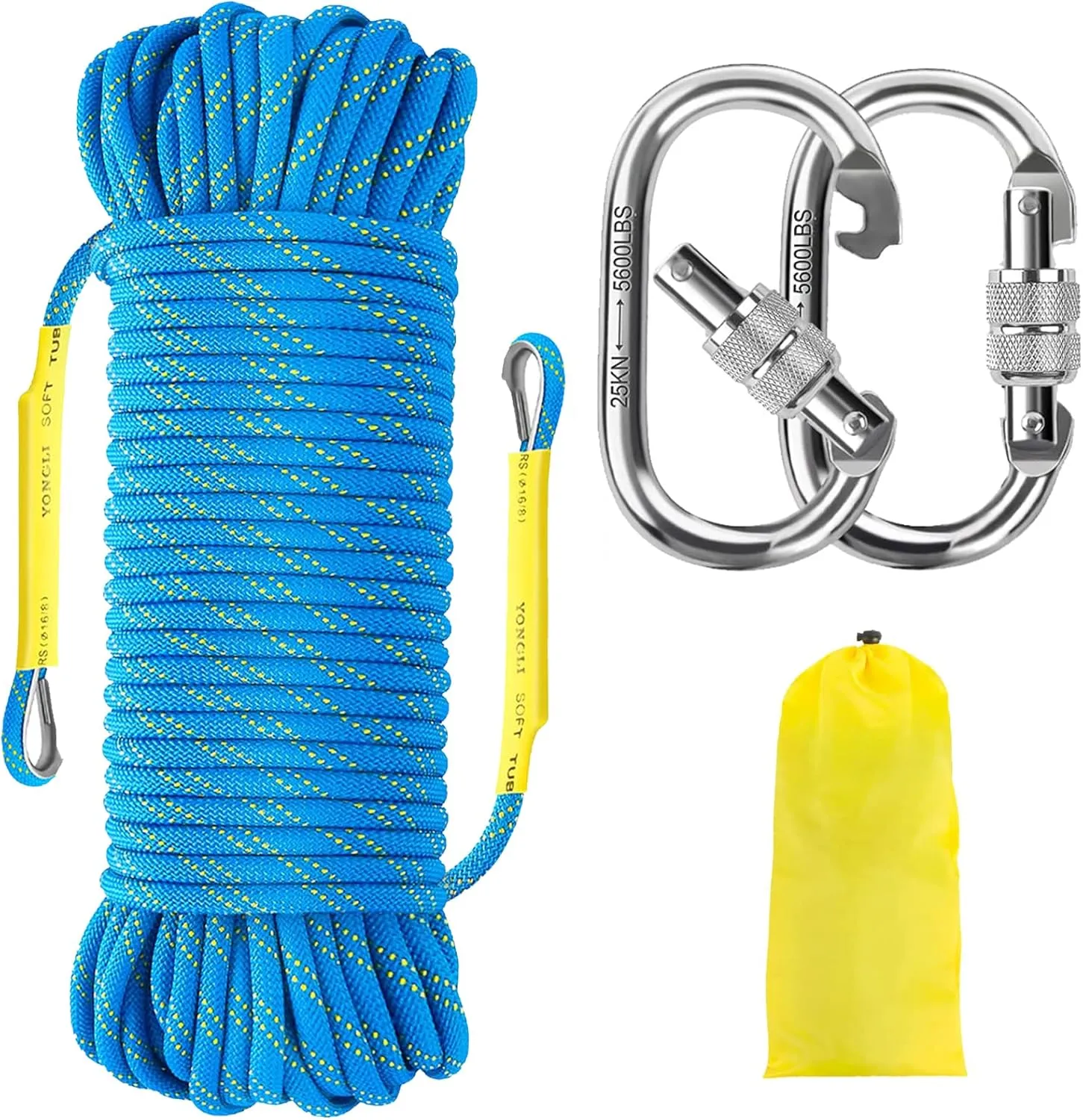 NTR Orange/Black/Blue/Green Climbing Rope 10M(32ft) 20M(64ft) 30M(96ft) 50M(160ft), 8MM Static Rock Climbing Rope with 2 Steel Hooks, Rappelling Rope for Outdoor, Hiking Safety Escape Rope