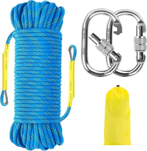 NTR Orange/Black/Blue/Green Climbing Rope 10M(32ft) 20M(64ft) 30M(96ft) 50M(160ft), 8MM Static Rock Climbing Rope with 2 Steel Hooks, Rappelling Rope for Outdoor, Hiking Safety Escape Rope