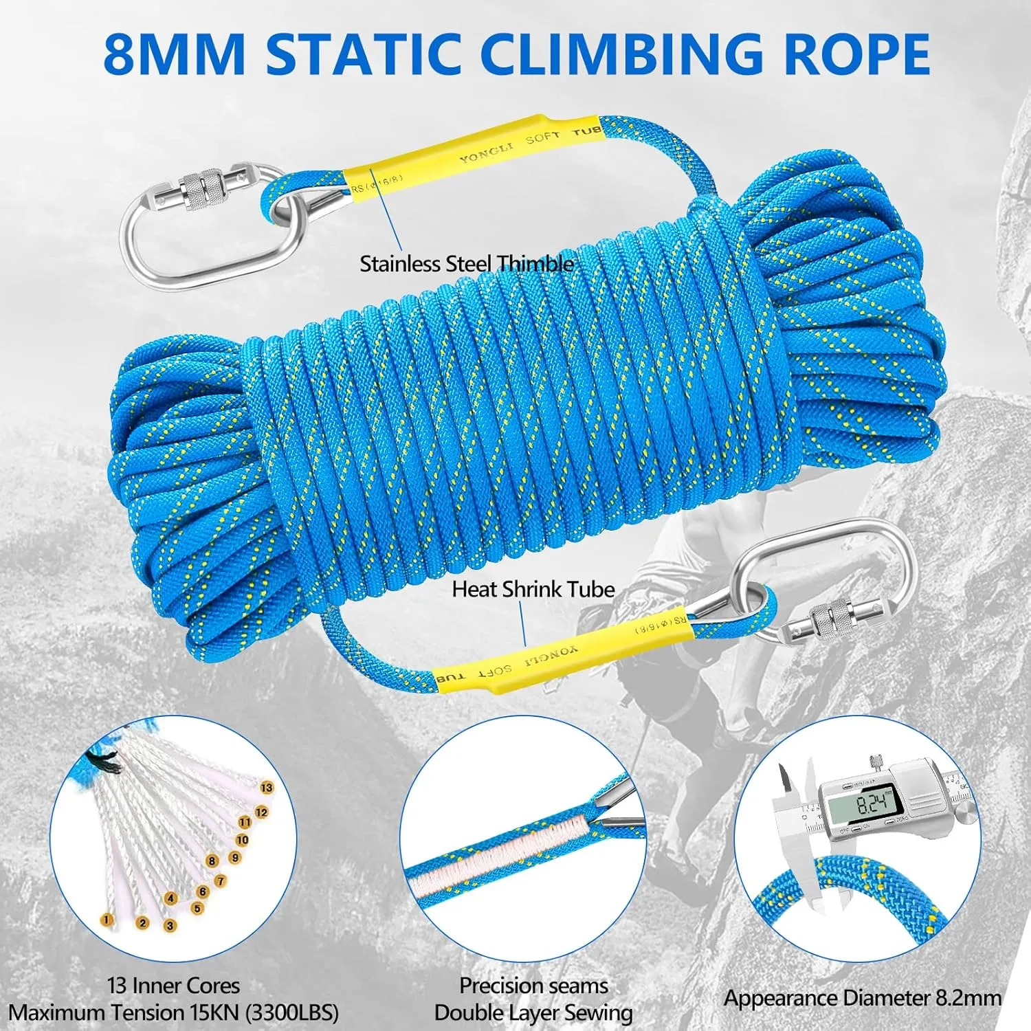 NTR Orange/Black/Blue/Green Climbing Rope 10M(32ft) 20M(64ft) 30M(96ft) 50M(160ft), 8MM Static Rock Climbing Rope with 2 Steel Hooks, Rappelling Rope for Outdoor, Hiking Safety Escape Rope