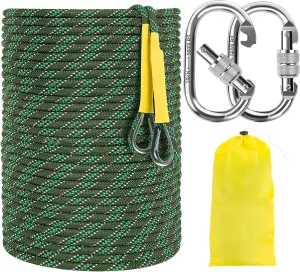 NTR Orange/Black/Blue/Green Climbing Rope 10M(32ft) 20M(64ft) 30M(96ft) 50M(160ft), 8MM Static Rock Climbing Rope with 2 Steel Hooks, Rappelling Rope for Outdoor, Hiking Safety Escape Rope