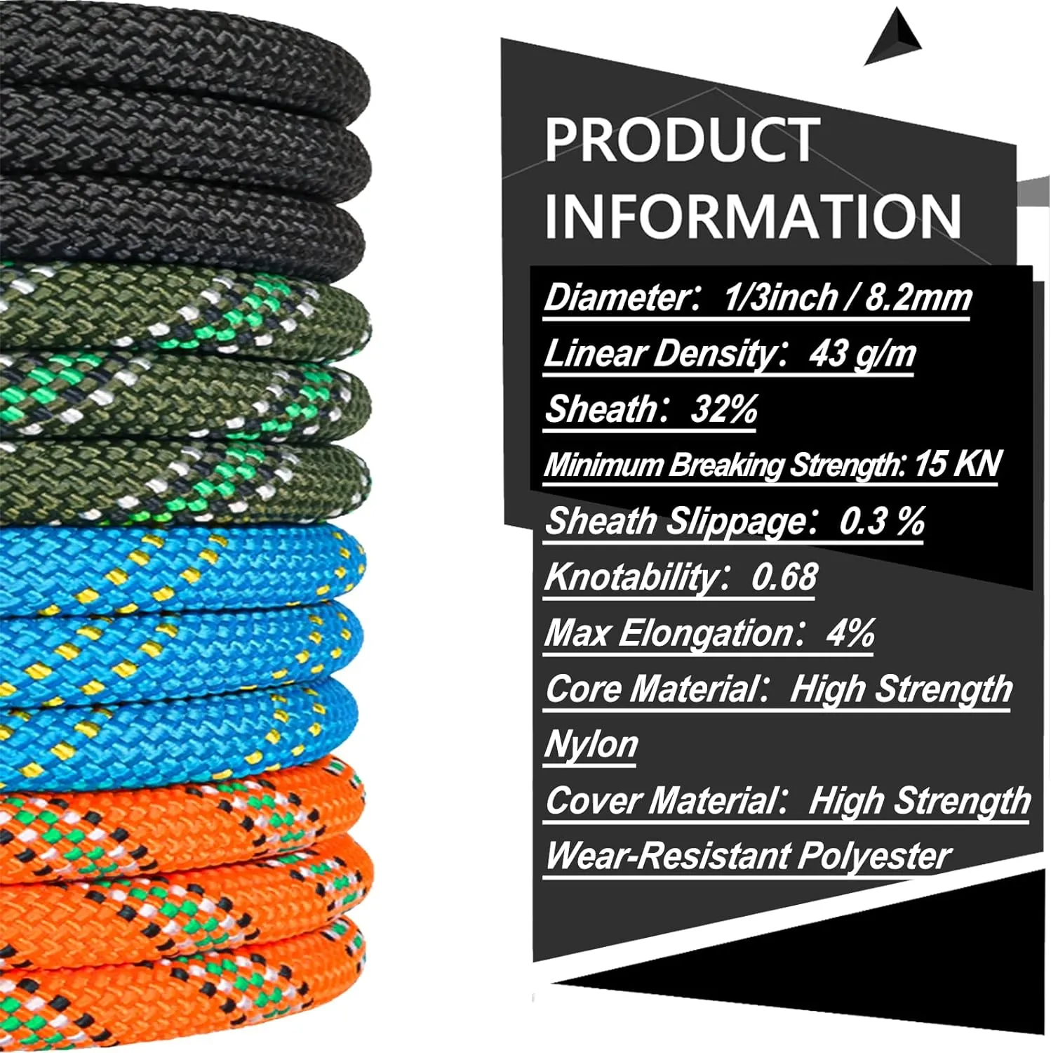 NTR Orange/Black/Blue/Green Climbing Rope 10M(32ft) 20M(64ft) 30M(96ft) 50M(160ft), 8MM Static Rock Climbing Rope with 2 Steel Hooks, Rappelling Rope for Outdoor, Hiking Safety Escape Rope