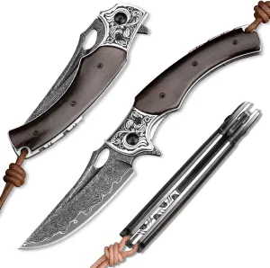 Nwootz damascus steel folding knife,handmade 3.5in japanese vg10 core blade and ebony wood liner lock handle,edc pocket knives with leather sheath for men outdoor camping