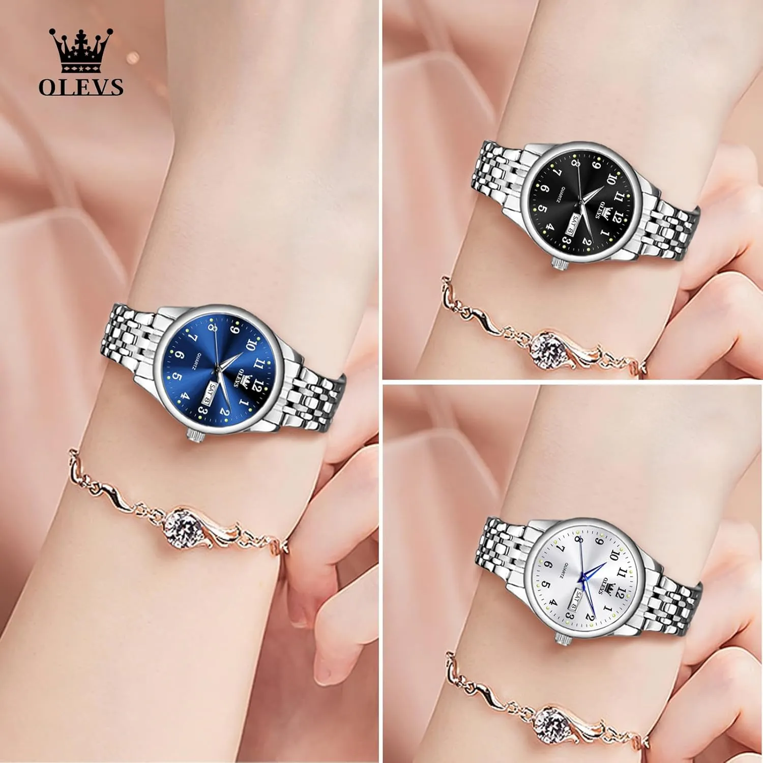 OLEVS Luxury Ladies Watches,Women's Watch with Day and Date,Female Watch for Small Wrist,Gold Stainless Steel Watches for Women,Easy Read Ladies Wrist Watches Waterproof（Adjustable Strap