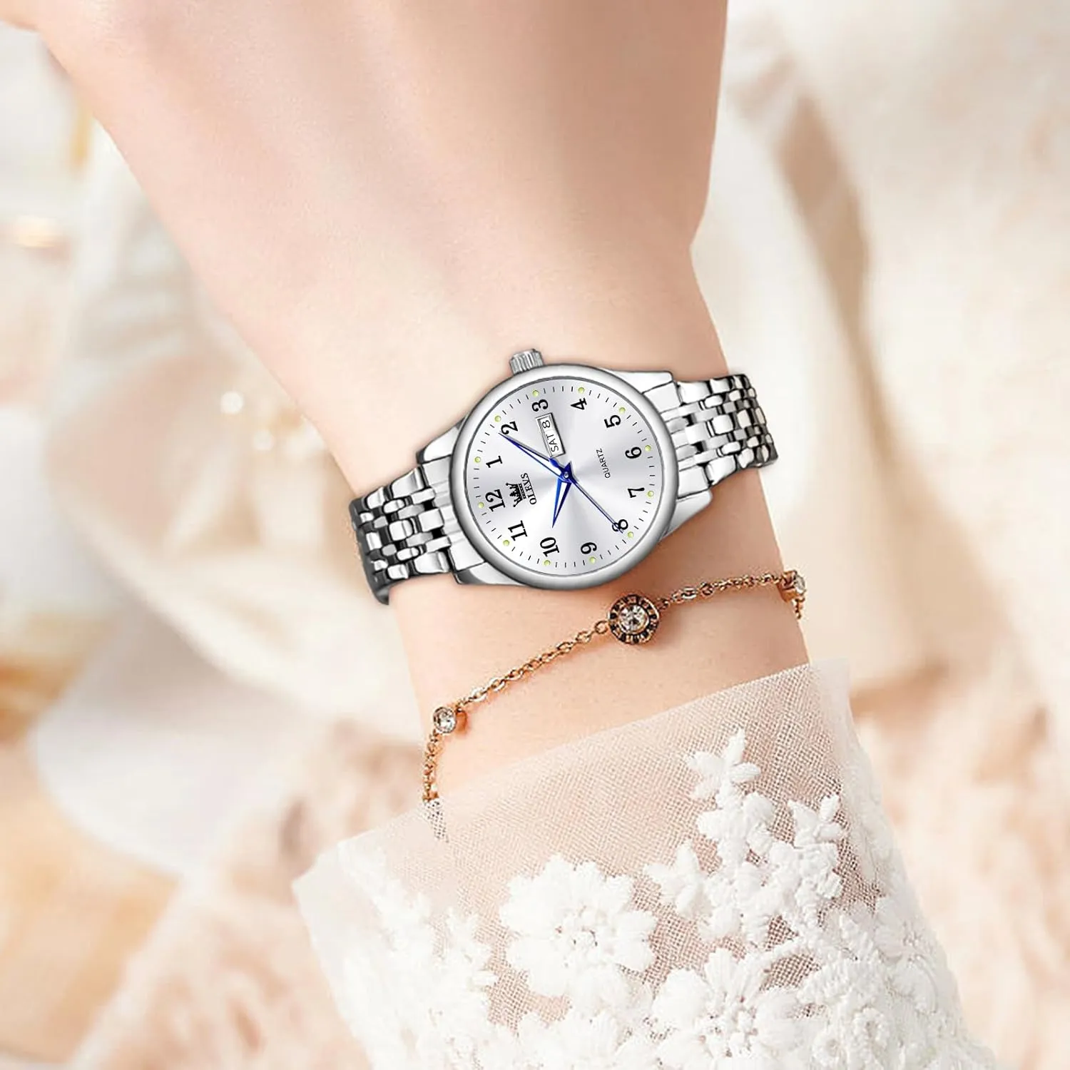 OLEVS Luxury Ladies Watches,Women's Watch with Day and Date,Female Watch for Small Wrist,Gold Stainless Steel Watches for Women,Easy Read Ladies Wrist Watches Waterproof（Adjustable Strap