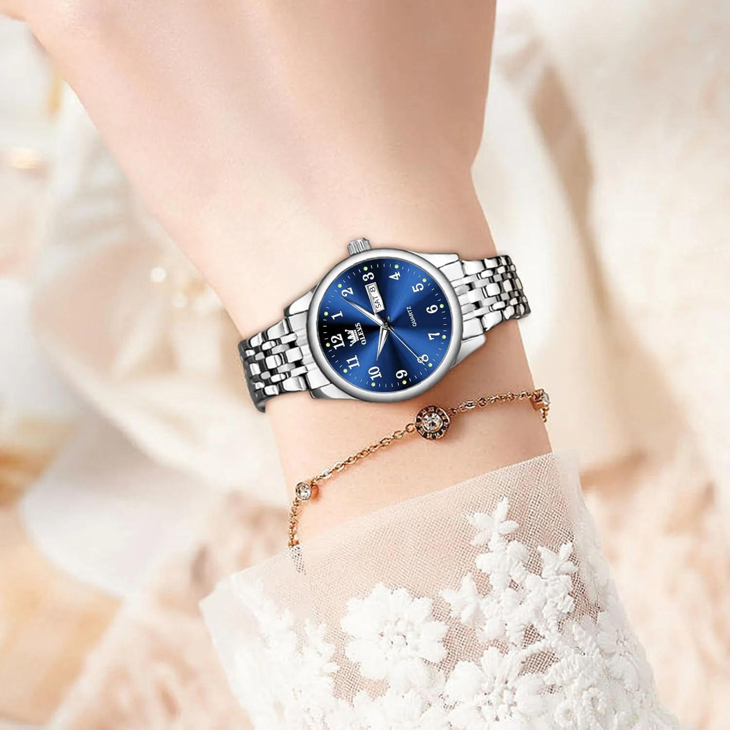 OLEVS Luxury Ladies Watches,Women's Watch with Day and Date,Female Watch for Small Wrist,Gold Stainless Steel Watches for Women,Easy Read Ladies Wrist Watches Waterproof（Adjustable Strap