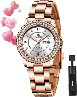 OLEVS Watches for Women Diamond with Date Luxury Leather Female Waterproof Women Wrist Watch Analog Dress Stainless Steel Ladies Watch Luminous Calendar Women Watch Green/Silver/Red Dial