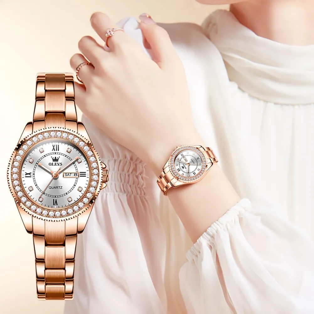 OLEVS Watches for Women Diamond with Date Luxury Leather Female Waterproof Women Wrist Watch Analog Dress Stainless Steel Ladies Watch Luminous Calendar Women Watch Green/Silver/Red Dial