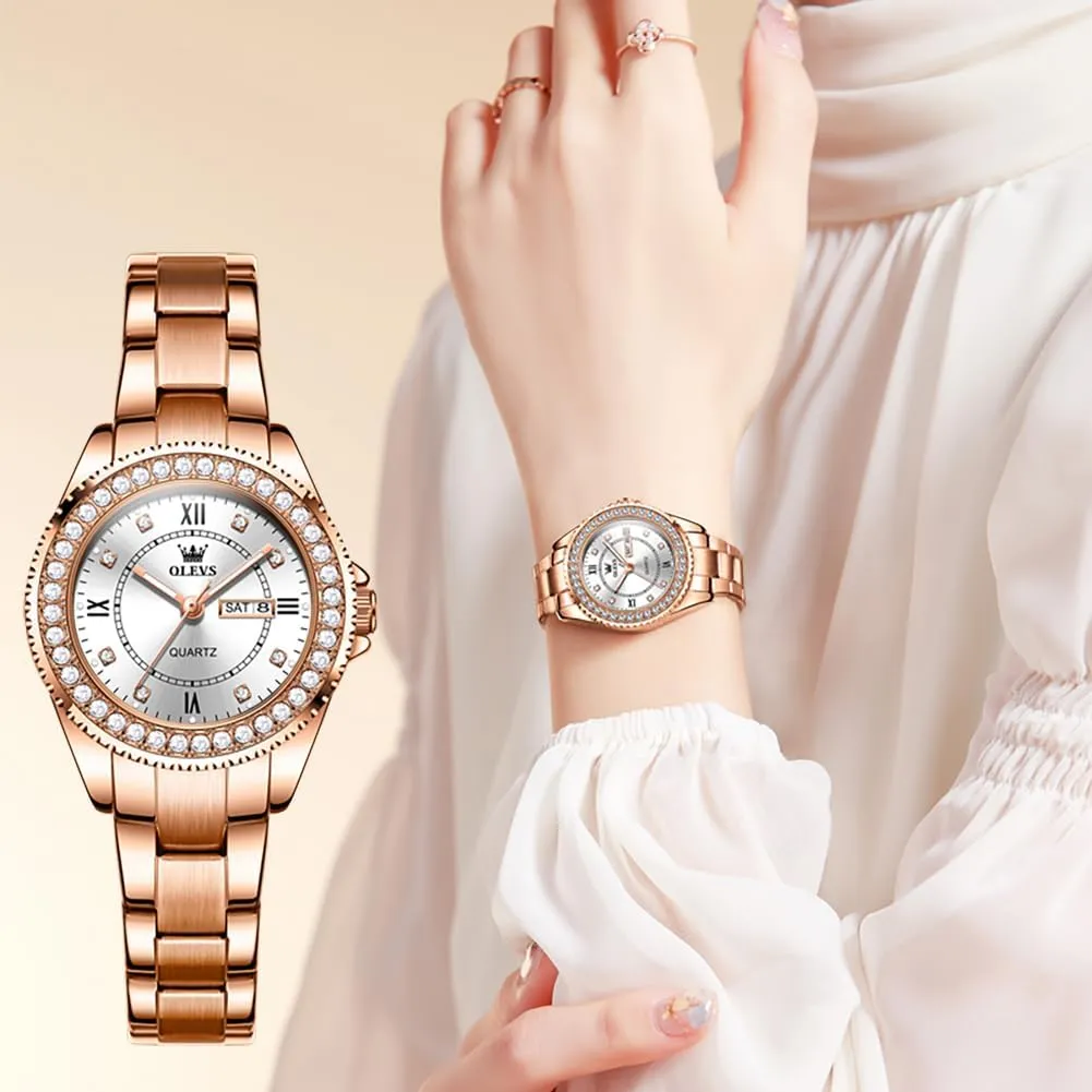 OLEVS Watches for Women Diamond with Date Luxury Leather Female Waterproof Women Wrist Watch Analog Dress Stainless Steel Ladies Watch Luminous Calendar Women Watch Green/Silver/Red Dial