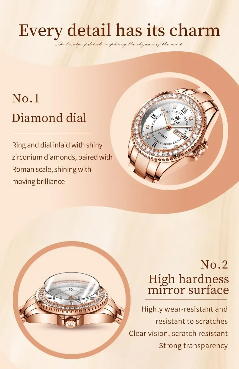 OLEVS Watches for Women Diamond with Date Luxury Leather Female Waterproof Women Wrist Watch Analog Dress Stainless Steel Ladies Watch Luminous Calendar Women Watch Green/Silver/Red Dial