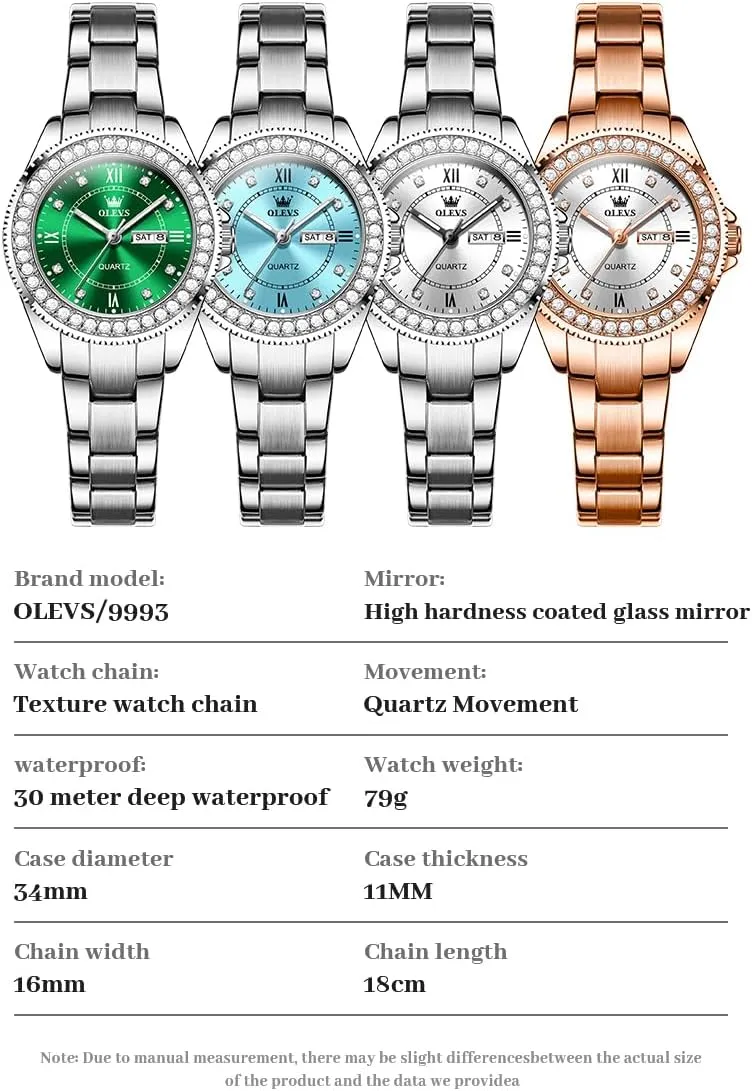 OLEVS Watches for Women Diamond with Date Luxury Leather Female Waterproof Women Wrist Watch Analog Dress Stainless Steel Ladies Watch Luminous Calendar Women Watch Green/Silver/Red Dial