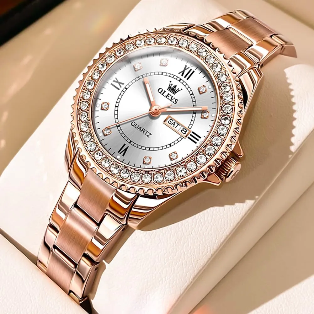 OLEVS Watches for Women Diamond with Date Luxury Leather Female Waterproof Women Wrist Watch Analog Dress Stainless Steel Ladies Watch Luminous Calendar Women Watch Green/Silver/Red Dial