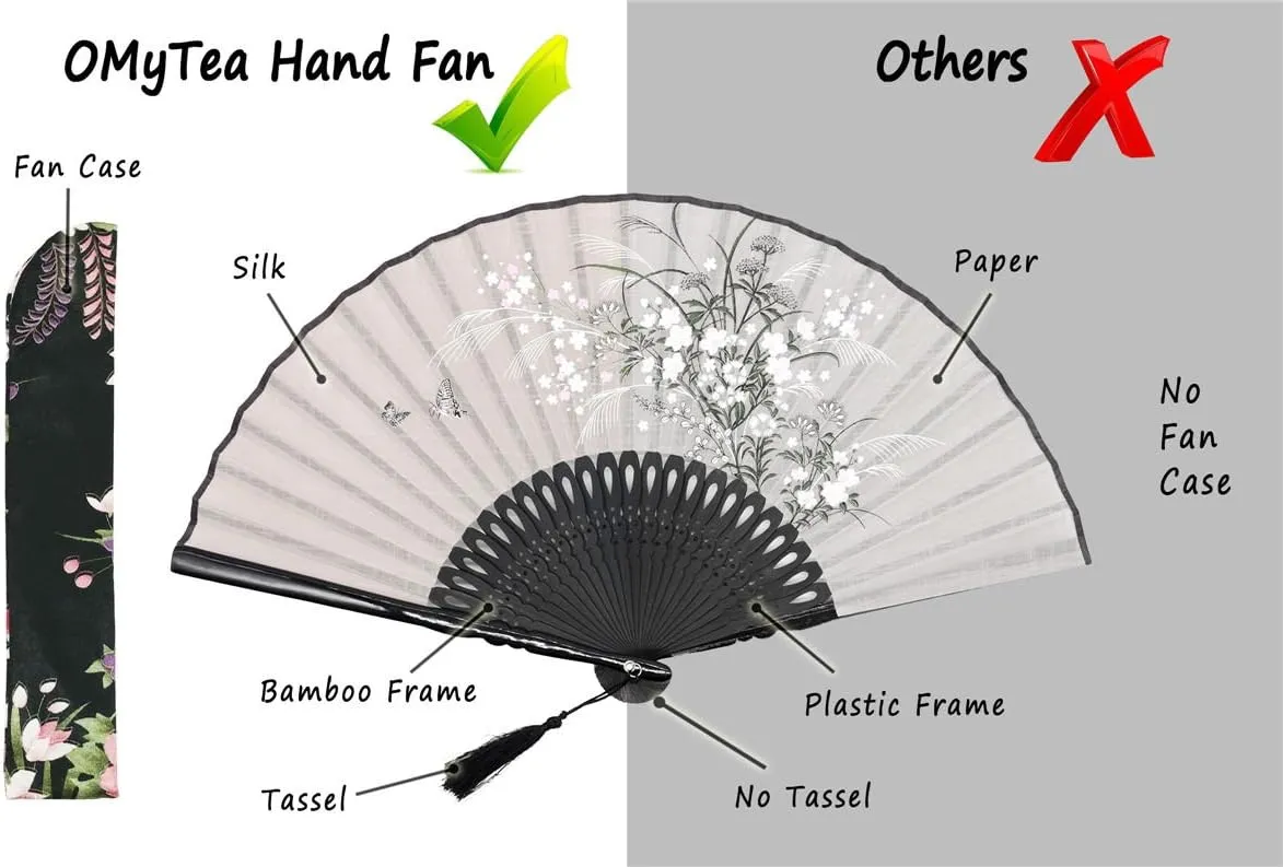 OMyTea® "Grassflowers 8.27"(21cm) Hand Held Folding Fans - With a Fabric Sleeve for Protection for Gifts - Chinese/Japanese Vintage Retro Style (Gray)