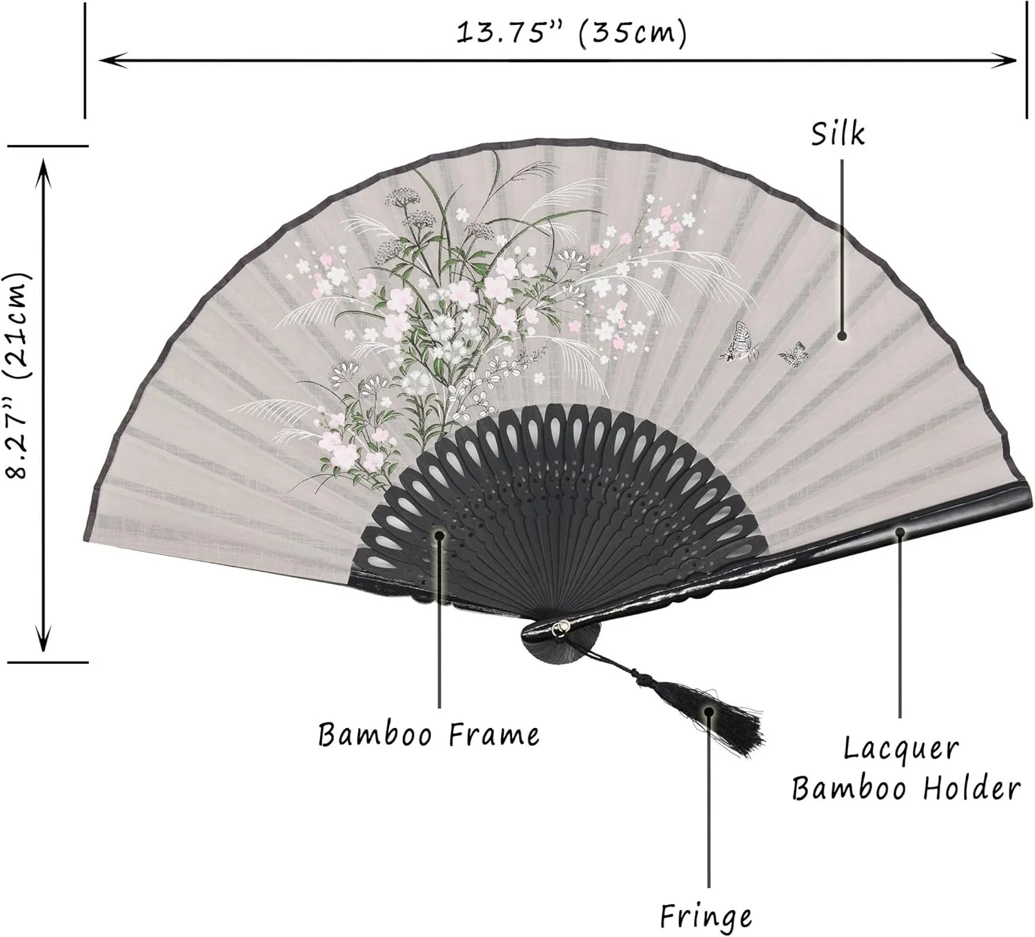 OMyTea® "Grassflowers 8.27"(21cm) Hand Held Folding Fans - With a Fabric Sleeve for Protection for Gifts - Chinese/Japanese Vintage Retro Style (Gray)