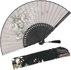 OMyTea® "Grassflowers 8.27"(21cm) Hand Held Folding Fans - With a Fabric Sleeve for Protection for Gifts - Chinese/Japanese Vintage Retro Style (Gray)