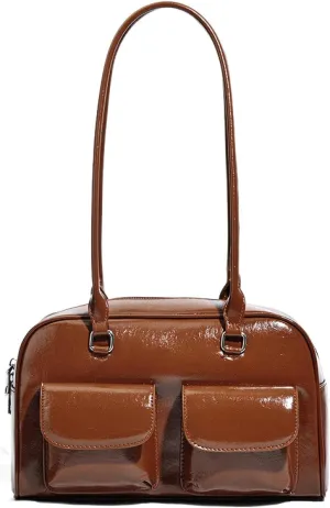 One Shoulder Armpit Wrapped in Oiled Wax Leather Bag, Double Pocket Casual Handbag