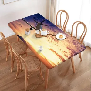 OOzie Golden Tablecloth Elastic Edge Fitted Airplane Jet Planes Aviation Sunset Elastic Fitted Tablecloth Waterproof Wipeable Aerial Scenery Fits up 5 Foot Tables